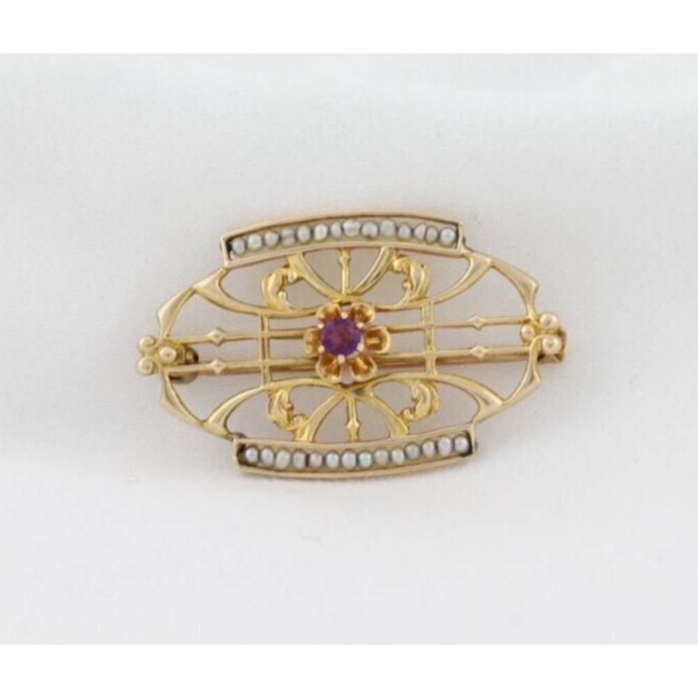 10k Yellow Gold Pink Cubic Zirconia & Seed Pearl Pin Antique Victorian